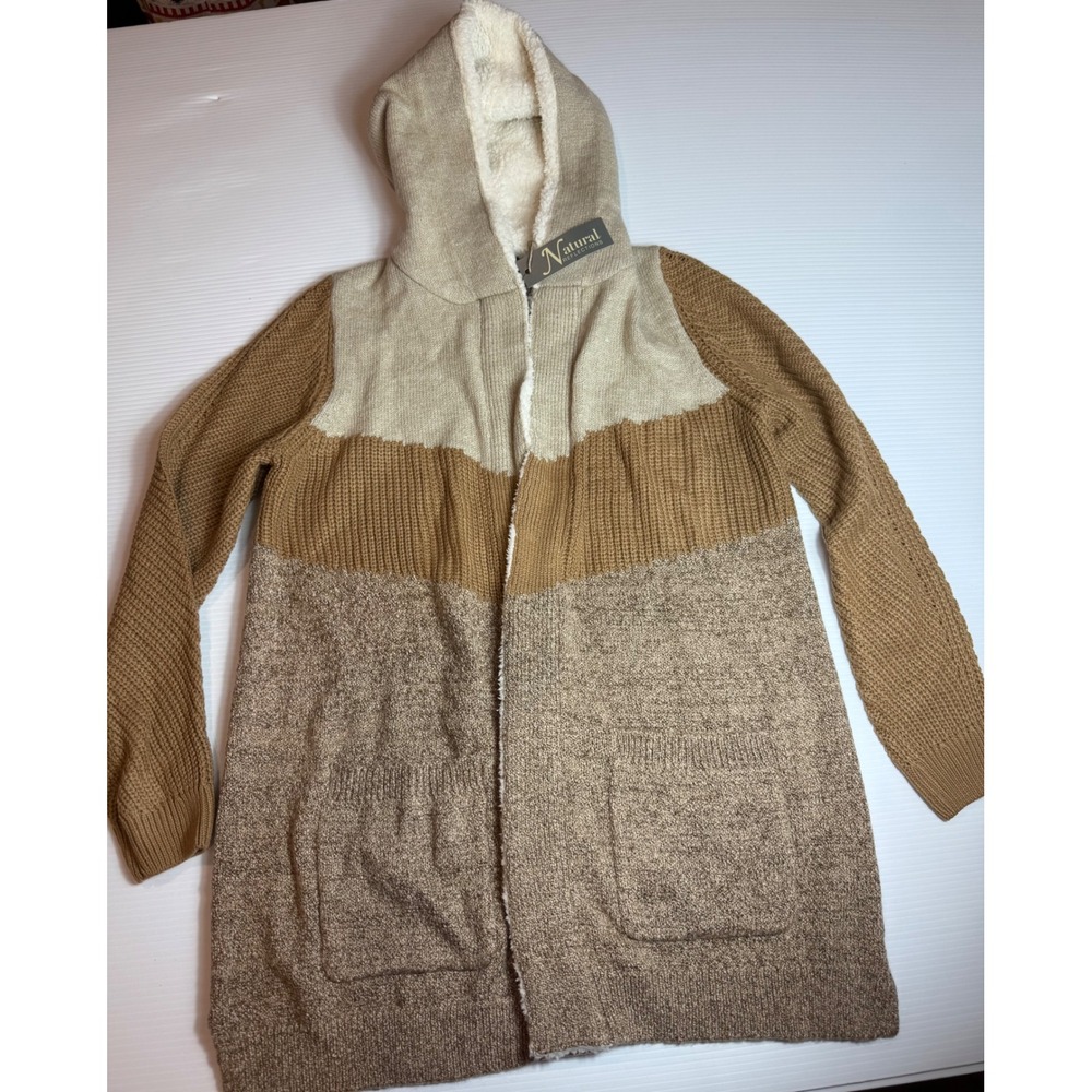 Natural Reflections Womens M Camel Brown Knit Hooded Open Front Cardigan